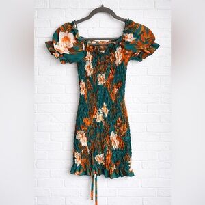 SHEIN Floral Puff Sleeve Mini Dress in Green and Orange